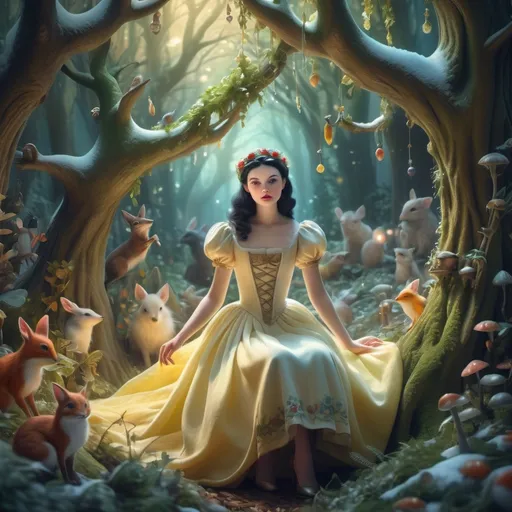 Prompt: (fantasy scene), enchanting forest, (magical atmosphere), whimsical characters, detailed medieval clothing, ethereal lighting, beautiful Snow White figure, surrounded by small woodland creatures, vibrant colors, lush greenery, intricate details, dreamy ambiance, HIGHLY DETAILED, HD, cylindrical trees, soft pastel tones, fairytale vibes, captivating imagery.