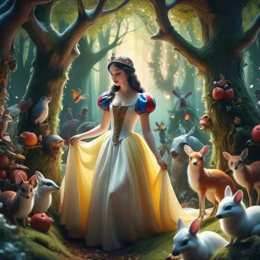 Prompt: (fantasy scene), enchanting forest, (magical atmosphere), whimsical characters, detailed medieval clothing, ethereal lighting, beautiful Snow White figure, surrounded by small woodland creatures, vibrant colors, lush greenery, intricate details, dreamy ambiance, HIGHLY DETAILED, HD, cylindrical trees, soft pastel tones, fairytale vibes, captivating imagery.