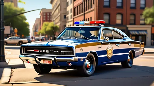 Prompt: photorealistic (1966 Dodge Charger police car), classic muscle car, detailed police decals, shiny chrome accents, authentic vintage features, parked on a city street, warm afternoon light, soft shadows giving depth, urban background with retro architecture, striking colors highlighting the car's details, high quality, ultra-detailed, capturing the essence of 1960s Americana.