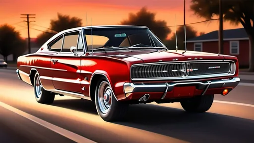 Prompt: (realism style), 1966 Dodge Charger, classic muscle car, sleek curves, polished chrome, glossy red paint, open road background, sunset lighting, warm tones, nostalgic vibes, vintage Americana, high detail, dramatic shadows, ultra-detailed, showcasing an iconic automobile in a timeless scene.