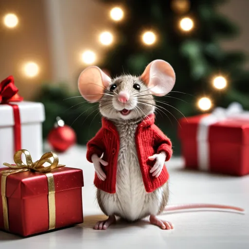 Prompt: Faritale mouse sitting on the room decoreted for Christmas