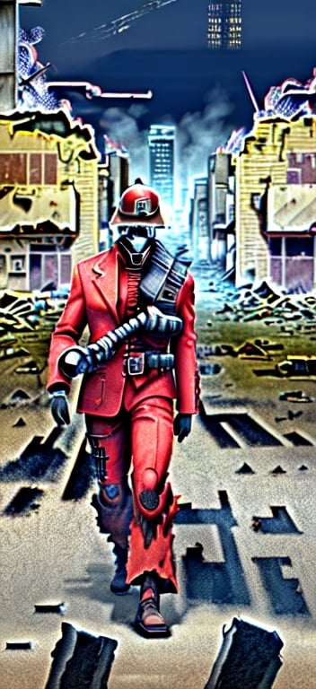 Prompt: Man in red suit and hat walking, post-apocalyptic wasteland, ruined city landscape, photorealistic, fallout, war, desolate, crumbling buildings, dramatic lighting, intense atmosphere, highres, photorealism, apocalyptic, detailed clothing, atmospheric lighting, somber mood, professional quality