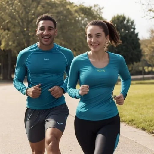 Prompt: Happy men and women jogging wearing teal tops