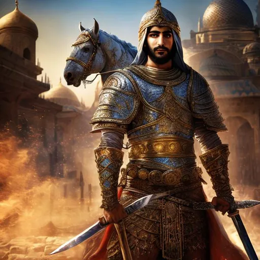 Prompt: Arab man with a double-edged sword, white horse, followers building shrine courtyard, obscured face, vibrant colors, detailed attire, epic fantasy, warm and golden lighting, highres, ultra-detailed, detailed horse, historical, epic setting, building construction, atmospheric lighting