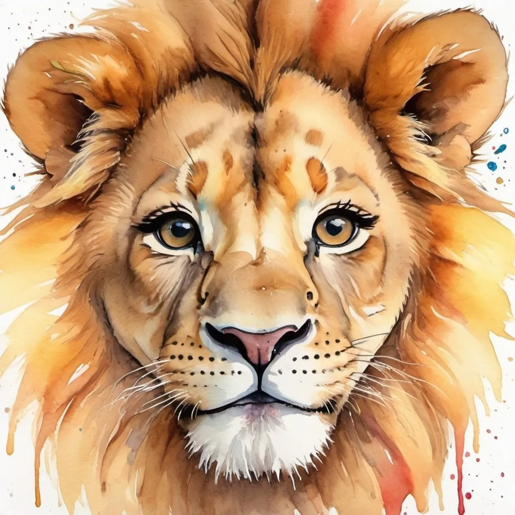 Prompt: A mix of different colours water colour painting of a cute lion  full face no cropping with a pretty smile on a white blank background