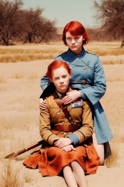 Prompt: use facial reference for a military officer with a blue coat. he has short red hair, he is holding a spear. a young girl with blond hair sitting on his shoulder. the young girl has on a long  flowing blue dress. they are on a deserted plain.