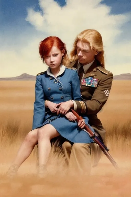 Prompt: use facial reference for a military officer with a blue coat. he has short red hair, he is holding a spear. a young girl with blond hair sitting on his shoulder. the young girl has on a long  flowing blue dress. they are on a deserted plain.