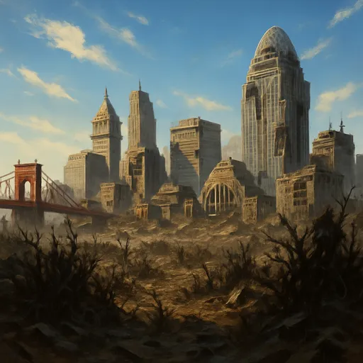 Prompt: Skyline of Cincinnati, fallout 4 style, sunny day, wild dark plants