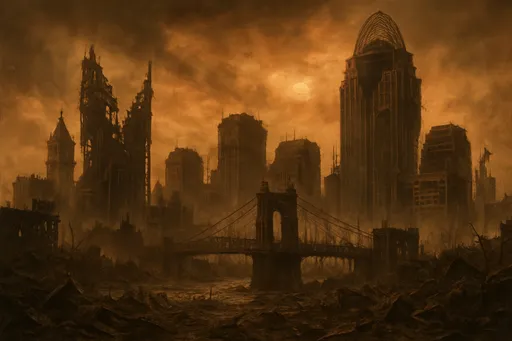 Prompt: Skyline of Cincinnati, fallout style, postapocalytic