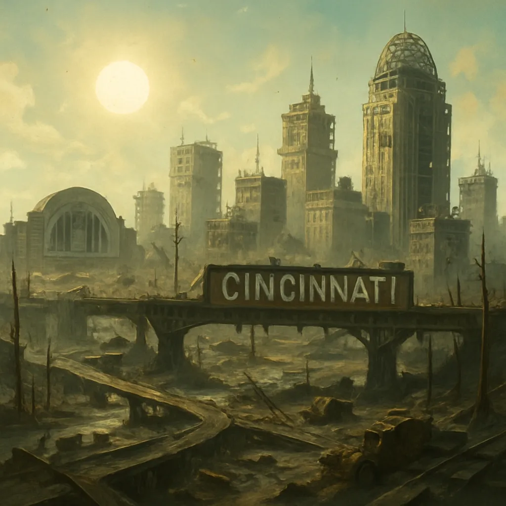Prompt: Skyline of Cincinnati, fallout 4 style, sunny day
