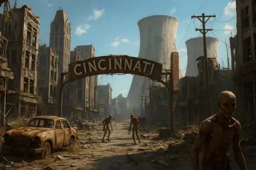 Prompt: Cincinnati downtown, fallout 4 style, sunny day, wild nuclear plants, some gouhls