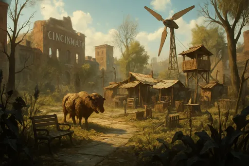 Prompt: Cincinnati street park, fallout 4 style, sunny daytime, wild dark plants, settlement with brahmins and windpower generator