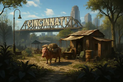 Prompt: Cincinnati street park, fallout 4 style, sunny daytime, wild dark plants, settlers place with brahmin