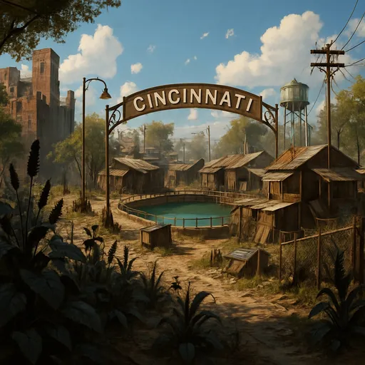 Prompt: Cincinnati street park, fallout 4 style, sunny daytime, wild dark plants, settlement with water reservoir