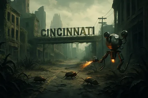 Prompt: Cincinnati on the streets, fallout 4 style, daytime, wild dark plants, a mr. handy trying to fight some radroaches