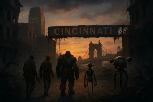 Prompt: Cincinnati on the streets, fallout 4 style, dawntime, wild dark plants, a adventurer group (human, gouhl, mutant, mr. handy robot) passing buy