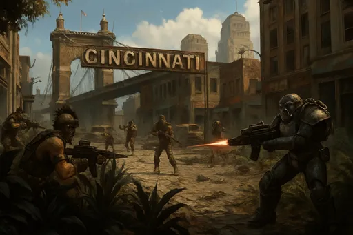 Prompt: Cincinnati on the streets, fallout 4 style, sunny daytime, wild dark plants, hiding streetbattle raiders vs. brotherhood