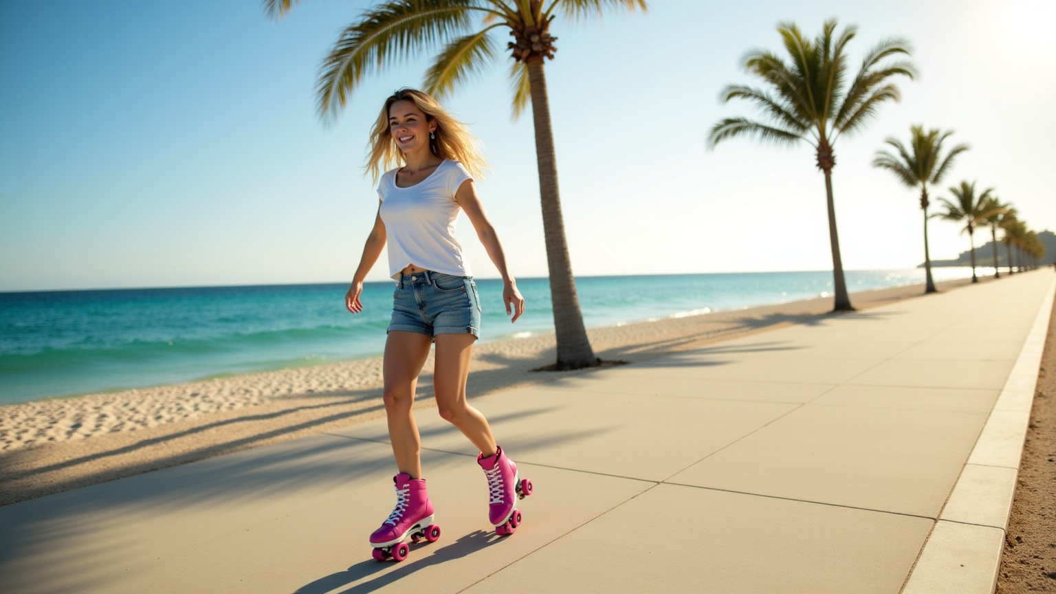 Prompt: @7oulXyKjfAq47MIWrdQQ rrollerblading on a seawall with palm trees in Florida, she is wearing denim shorts, a white t-shirt and shiny pink sequined rollerblades.