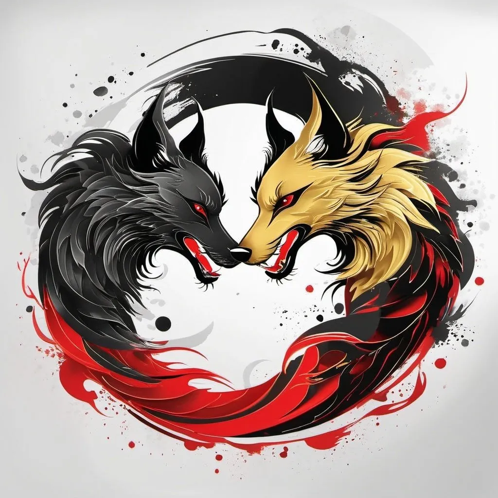 Prompt: undefined Two snarling wolves in a ying yang. With colors of black, gold, white and red, digital painting,  digital illustration,  extreme detail,  digital art,  4k,  ultra hd, fantasy art, cinema 4d, hyperrealism, trending on artstation, beautiful, geometric, radiant, complex, detailed, elemental, vector art
