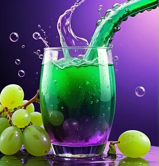 Prompt: Green and purple Grape soda pop connected to vine and root, bubble, HD splash, live reality, vibrant colors, detailed bubbles, organic feel, surreal, high quality, digital painting, vibrant tones, dynamic lighting no cup roaming on canvas 