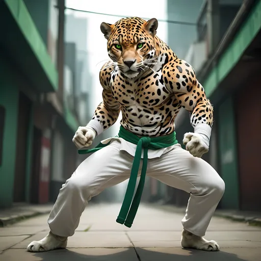 Prompt: Anthro jaguar capoeira, anime, 4k, detailed fur, green cord belt, white pants, intense and focused gaze, martial arts movement, dynamic pose, urban setting, cool tones, atmospheric lighting