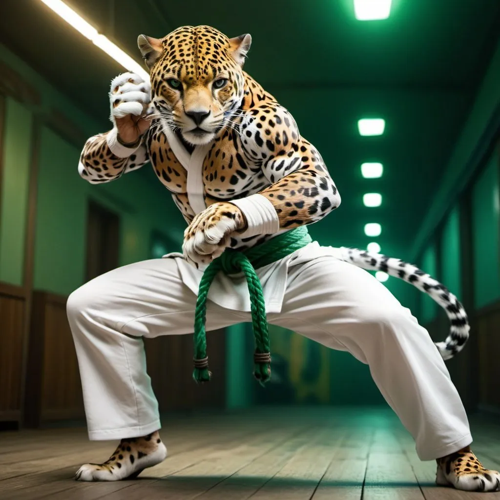 Prompt: Anthro jaguar capoeira, anime, 4k, detailed fur, green cord belt, white pants, intense and focused gaze, martial arts movement, dynamic pose, urban setting, cool tones, atmospheric lighting