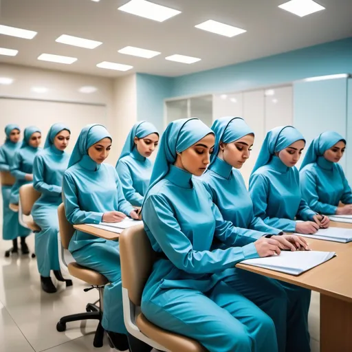 Prompt: Ten nurses are taking the exam, sit on the exam chairs and answer the exam questions. Nurses are male and female, Muslim and wear hijab. They wear light blue uniforms with long sleeves. The minimum distance between each nurse is 2 meters. The lighting is real. The photo should be realistic and not cartoonish