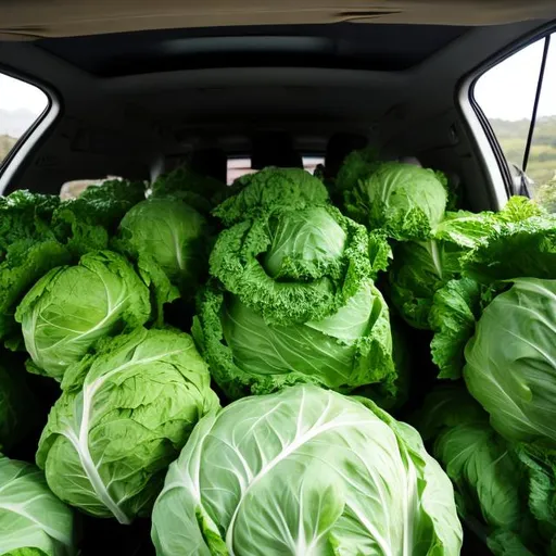Prompt: a lot of cabbages in a car
