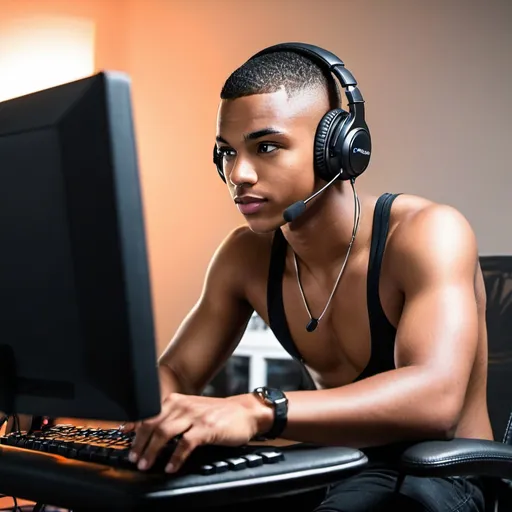 Prompt: teenage boy, 18 years old, without shirt, muscular average body, black skin, short hair crew cut, typing on computer keyboard, wearing headsets, sit on gaming chair