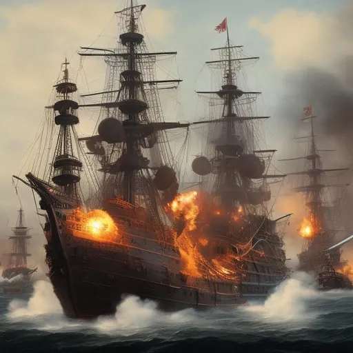 Prompt: a old British war ship under fire by multiple pirate ships