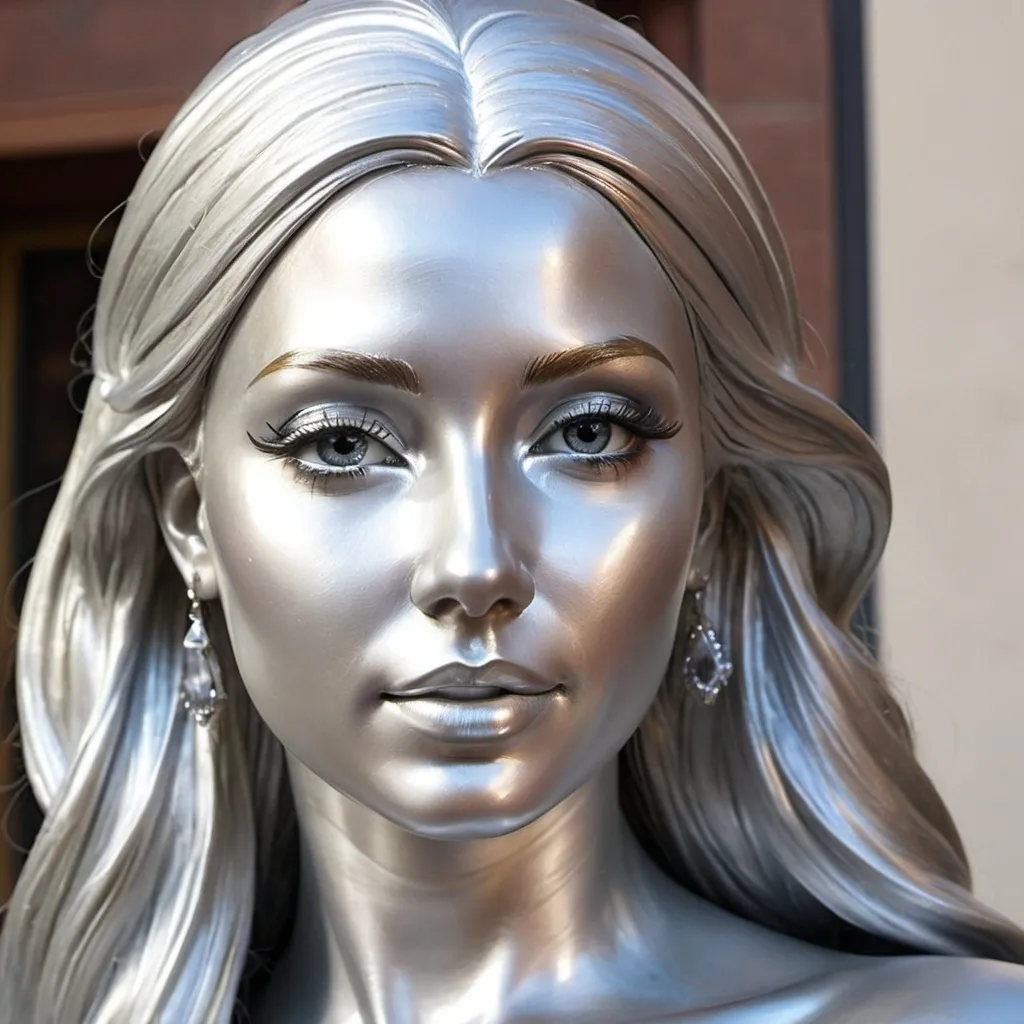 Prompt: Beautiful Blond women Living statue, only silver tone, lifelike expression, detailed face head body , perfectly sculpted face head body , facial body features, lifelike silver paint, wearing silver princess dress, long silver hair, realistic human sculpture, high quality, lifelike, metallic tones, detailed, professional sculpting, artistic, atmospheric lighting, statue, realistic, only silver paint, face head covered in silver paint,