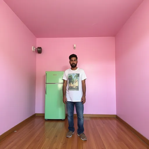 Prompt: a man standing in a room with a pink wall and a green refrigerator behind him and a pink wall, Bholekar Srihari, samikshavad, character, a photocopy