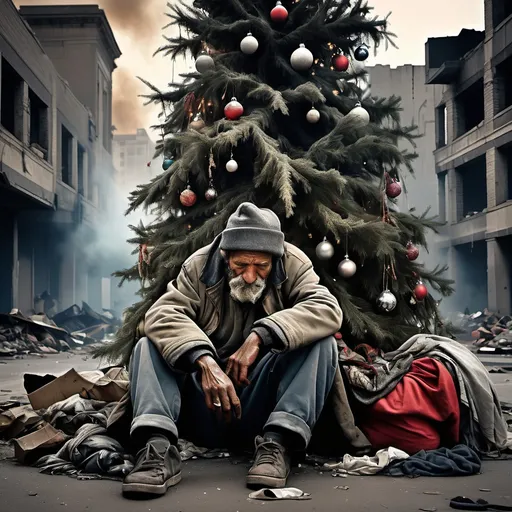 Prompt: (Christmas tree), contrast of hope and despair, a weary homeless man sitting beneath the tree, ragged clothes with worn-out shoes, surrounded by apocalyptic urban ruins, looming smoke and debris, muted colors, dim lighting creating a somber mood, vibrant ornaments on tree juxtaposed with grim background, high detail, cinematic ambiance, evocative atmosphere of resilience against darkness.