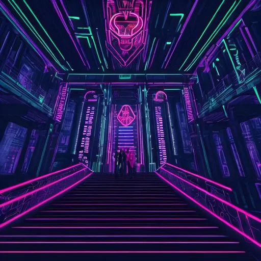 Prompt: Cyperpunk artistic main hall with neon wallart and a huge staircase and silhouettes of people looking up the staircase