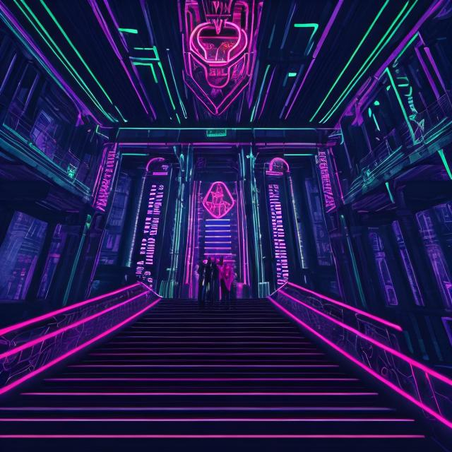 Prompt: Cyperpunk artistic main hall with neon wallart and a huge staircase and silhouettes of people looking up the staircase