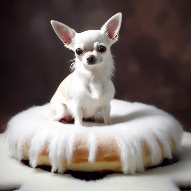 Prompt: A realistic photo of a white chihuahua sitting on a fluffy donut dogbed