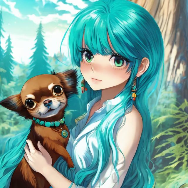 Prompt: An anime girl with turquoise colored hair standing with a chihuahua in her arms with a forest in the background