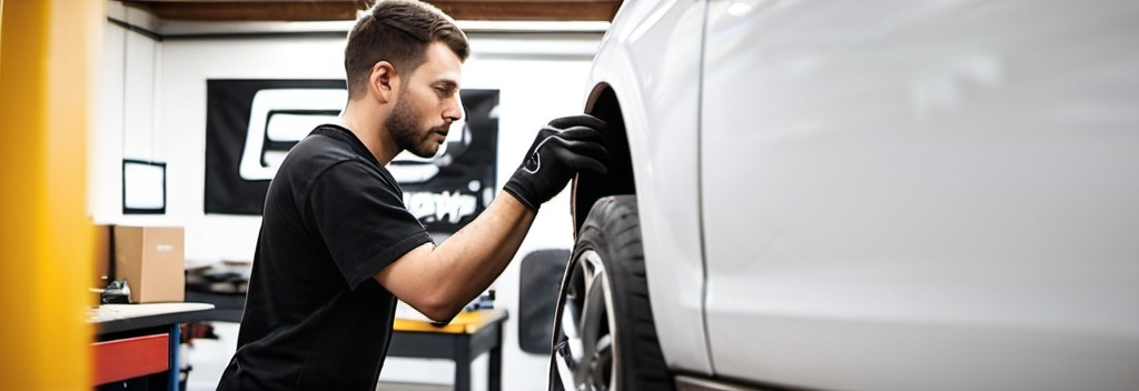 Prompt: A male mechanic is working on a car, repairing the rear wheel. He is wearing a black T-shirt and black gloves, with his face focused on the task. The car, partially visible and white in color, is lifted on a hoist in the repair shop. In the background, a blurred silhouette of another car can be seen, contributing to the sense of an active work environment in the service area. The lighting is soft, coming from windows in the background, illuminating the workspace. Details of the shop’s interior are also visible in the frame, enhancing the professional atmosphere of the scene.