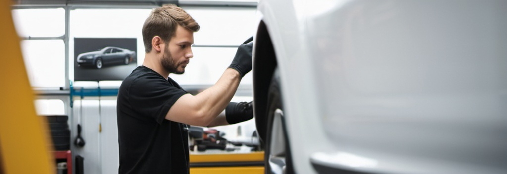 Prompt: A male mechanic is working on a car, repairing the rear wheel. He is wearing a black T-shirt and black gloves, with his face focused on the task. The car, partially visible and white in color, is lifted on a hoist in the repair shop. In the background, a blurred silhouette of another car can be seen, contributing to the sense of an active work environment in the service area. The lighting is soft, coming from windows in the background, illuminating the workspace. Details of the shop’s interior are also visible in the frame, enhancing the professional atmosphere of the scene.