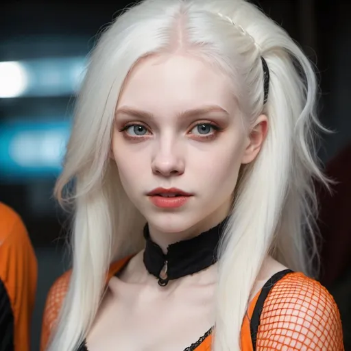 Prompt: an albino vampire young woman with angular features and flowing white hair dressed in a bright orange shirt with fishnet sleeves