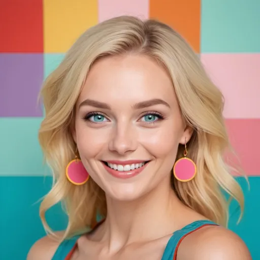 Prompt: Background: Yellow; blue squares with mintgreen border, red triangles with orange border, pink circles with purple border

A beautiful blonde woman with blue eyes and a perfect skin, smiling