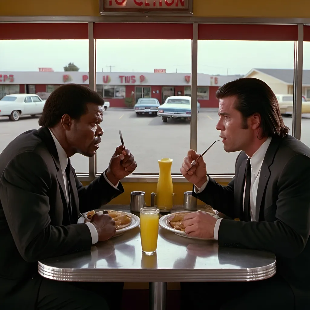 Prompt: A frame of Pulp Fiction with Samuel Jackson and John Travolta eating at a diner in a 2 shots by the window. Long shot.