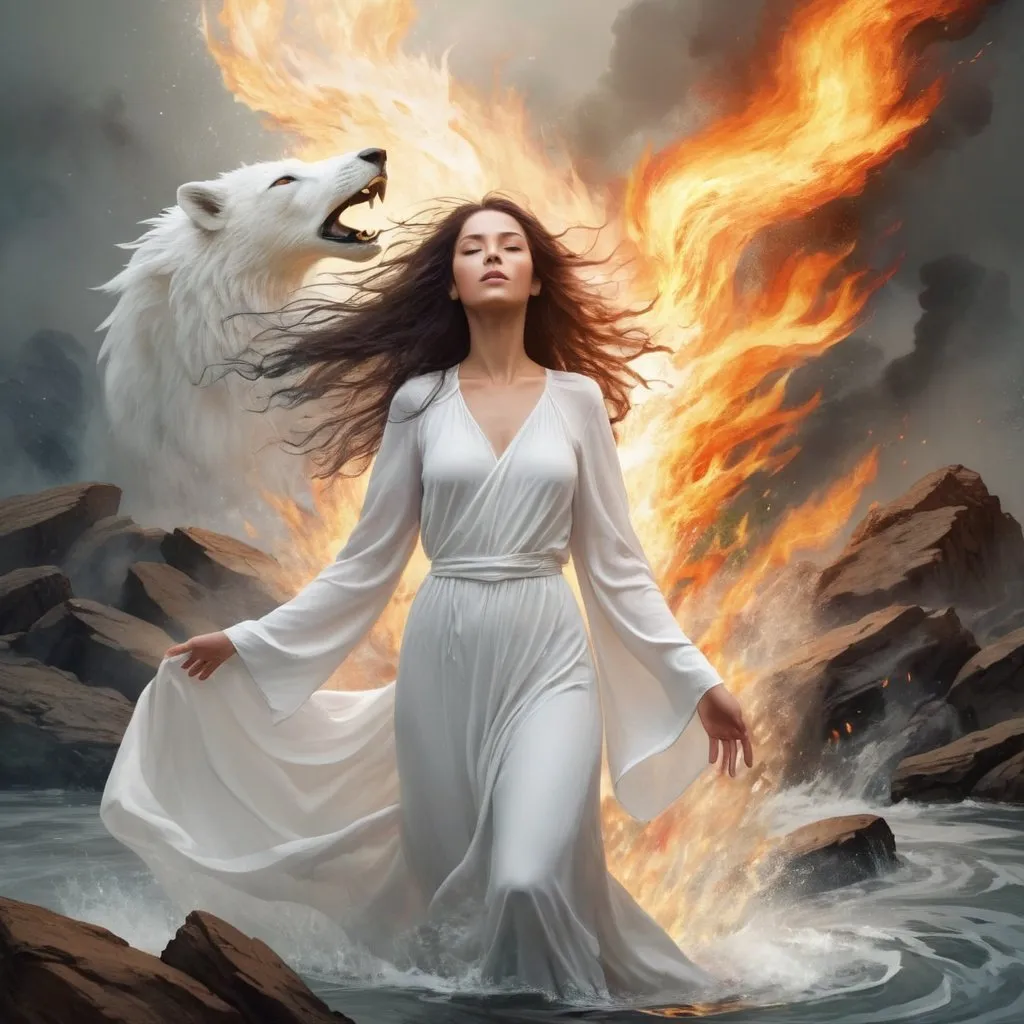 Prompt: Woman in white arise from water, wind ,fire  and earth. Many kinds of animals ,human and plants are besides her. 