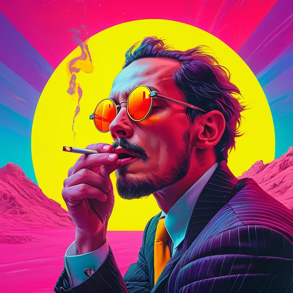 Prompt: a man in a suit and tie smoking a cigarette with a pink background and a purple background with a yellow circle, Android Jones, neo-fauvism, retrowave, a pop art painting