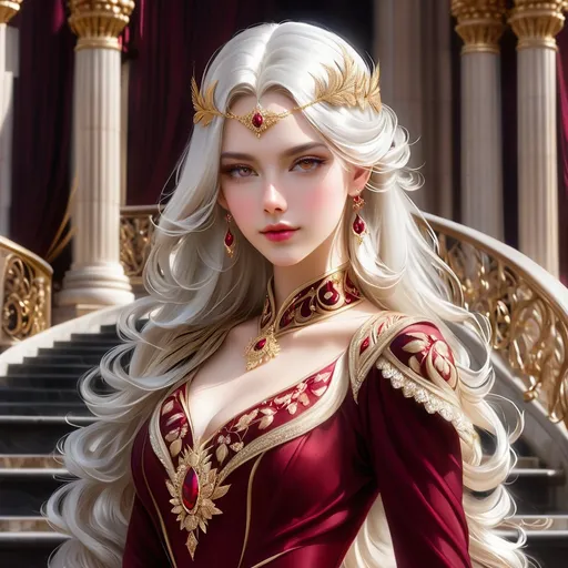 Prompt: A regal looking young woman in her early twenties, with sleek, long white hair, a silver circlet on top of her head, mesmerising golden eyes, high cheekbones, fair skin, lean complexion, wearing an elegant dark crimson ball gown with intricate embroidered details, standing on a majestic staircase.