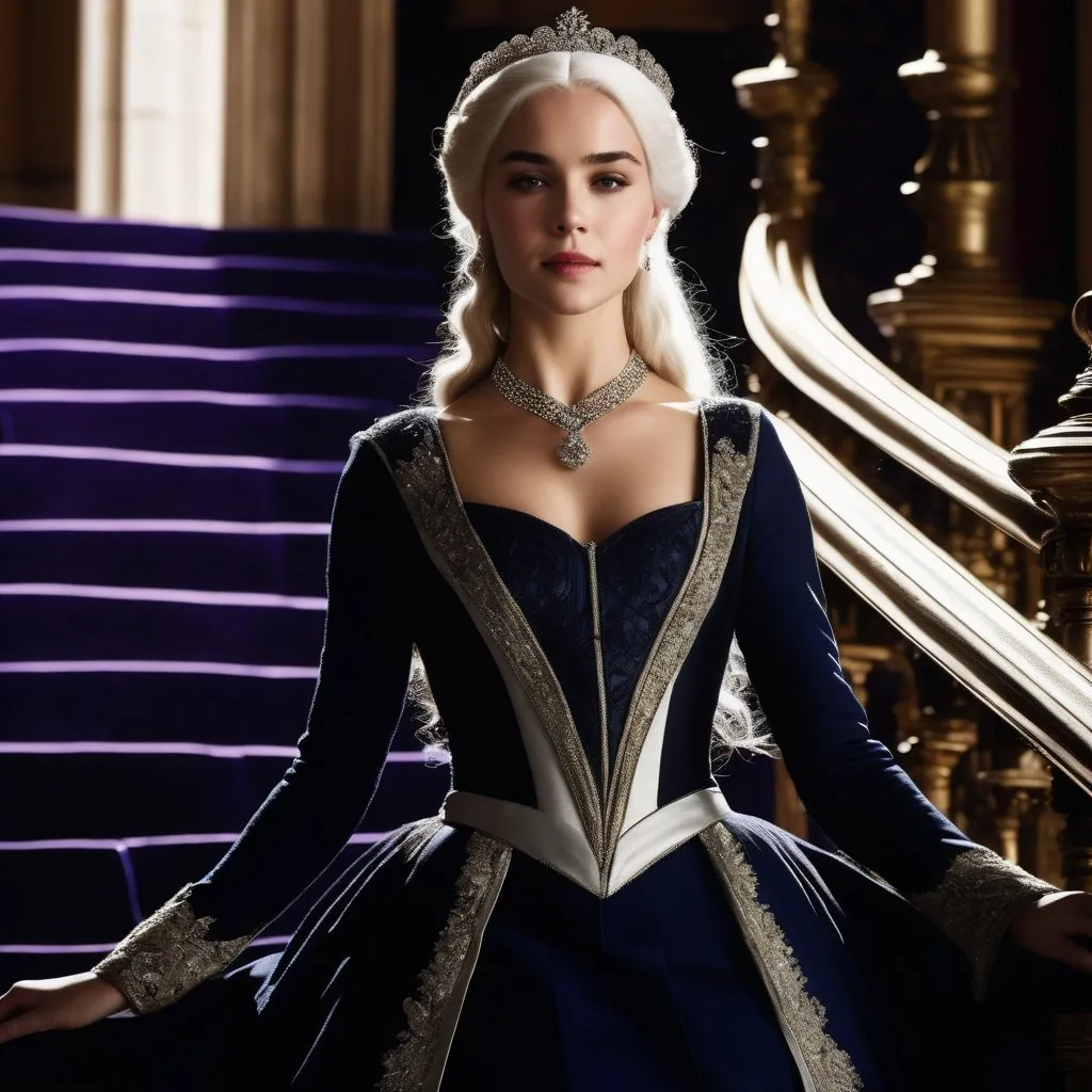 Prompt: A portrayal of a regal looking young woman in her early twenties, with sleek, long white hair, a silver circlet on top of her head, mesmerising violet eyes, high cheekbones, fair skin, narrow waist, slim complexion, wearing an elegant dark navy ball gown with intricate embroidered details, standing on a majestic staircase.