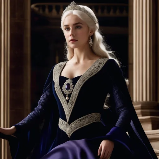 Prompt: A portrayal of a regal looking young woman in her early twenties, with sleek, long white hair, a silver circlet on top of her head, mesmerising violet eyes, high cheekbones, fair skin, narrow waist, slim complexion, wearing an elegant dark navy ball gown with intricate embroidered details, standing on a majestic staircase.