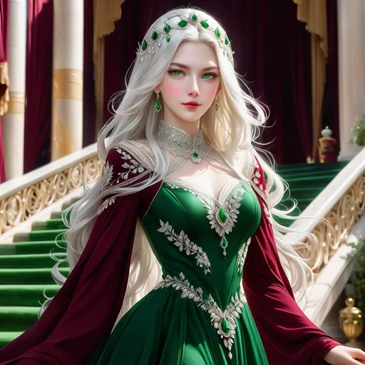 Prompt: A regal looking young woman in her early twenties, with sleek, long white hair, a silver circlet on top of her head, mesmerising green eyes, high cheekbones, fair skin, lean complexion, wearing an elegant dark crimson ball gown with intricate embroidered details, standing on a majestic staircase.