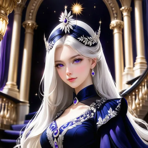 Prompt: A portrayal of a regal looking young woman in her early twenties, with sleek, long white hair, a silver circlet on top of her head, mesmerising violet eyes, high cheekbones, fair skin, lean complexion, wearing an elegant dark navy ball gown with intricate embroidered details, standing on a majestic staircase.