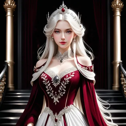 Prompt: A portrayal of a regal looking young woman in her early twenties, with sleek, long white hair, a silver circlet on top of her head, mesmerising grey eyes, high cheekbones, fair skin, lean complexion, wearing an elegant dark crimson ball gown with intricate embroidered details, standing on a majestic staircase.